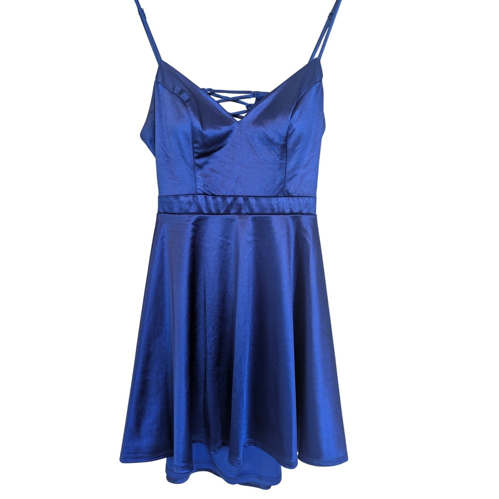 Blue Satin Slip Dress Laced Open Back Cocktail‎ Homecoming Party Juniors Size 7